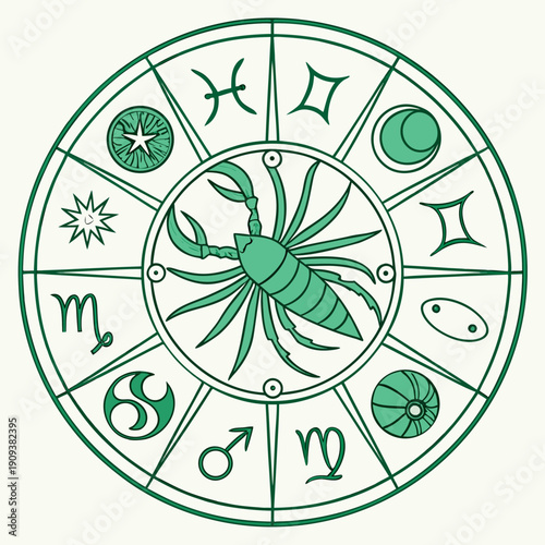 Green scorpion zodiac wheel with astrology symbols