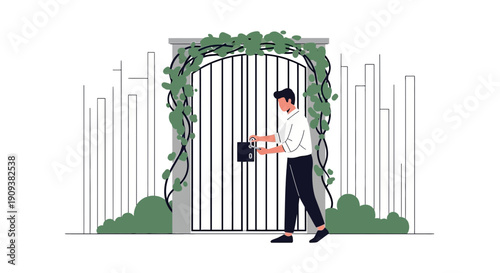 Man Locking Ornate Garden Gate Covered in Greenery