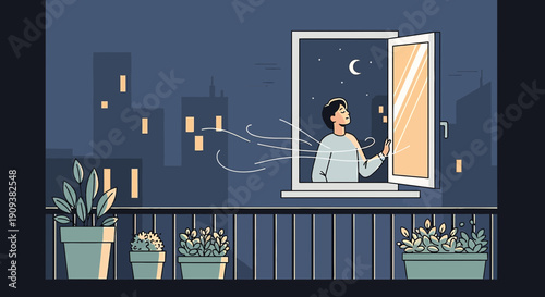 Man looking out window at night city skyline, fresh air blowing in