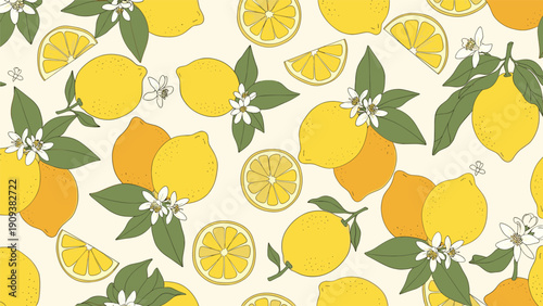 Seamless lemon pattern shows ripe yellow fruit, fresh green leaves, and white citrus blossoms over a warm cream background.