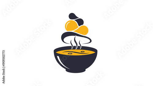 Stylized graphic featuring a bowl of soup with a garnish and steam. White background