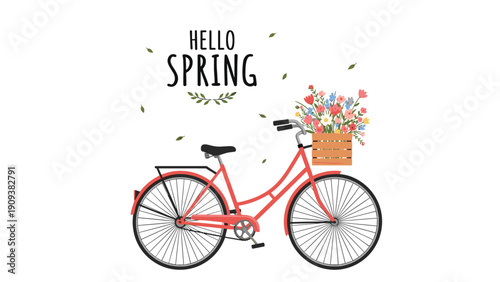 Hello spring greeting features a red vintage bicycle with a wooden crate full of colorful wildflowers on a white background.