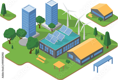 Isometric eco smart district illustration with solar rooftop buildings, wind turbines, green infrastructure, sustainable urban renewable energy environment concept