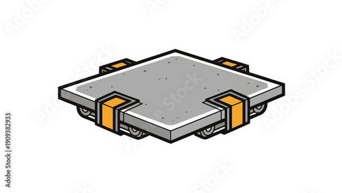 An isometric view of a gray square platform with yellow and gray accents and wheels
