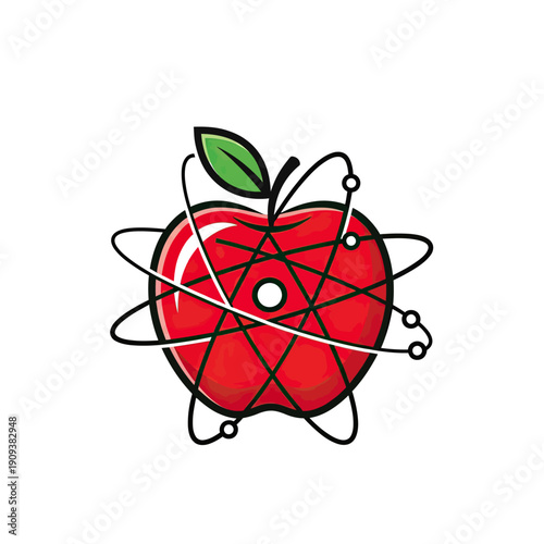 Stylized graphic of a red apple with scientific orbital rings