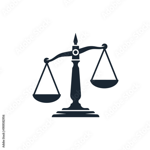 A symmetrical black & white icon depicts scales of justice, a symbol of fairness & law