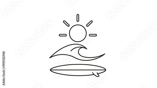 Simple line drawing of a sun, wave, and surfboard, all with a minimalist design