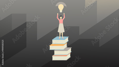 Woman standing on stack of books holding lightbulb symbolizing knowledge and inspiration in a minimalist flat vector illustration with gray background
