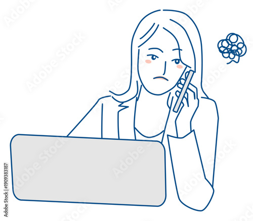 スマホで電話しながら考え込むスーツの女性の線画