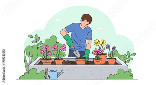 Man Planting Flowers in Garden Box, Spring Gardening Illustration