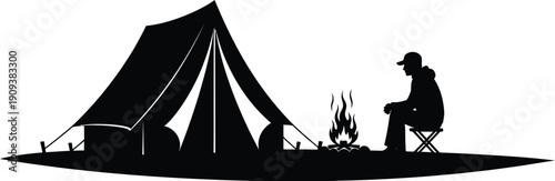 Camping scene with person sitting by campfire near tent in serene landscape vector illustration