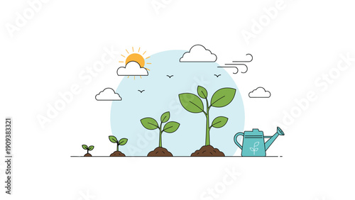 Infographic showing the growth cycle of a plant from a tiny sprout to a full plant with a blue watering can nearby.