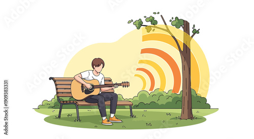 Man playing guitar on park bench, music radiating from tree