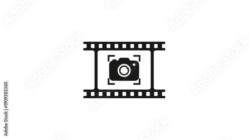 Black and white illustration of a camera icon centered within a filmstrip