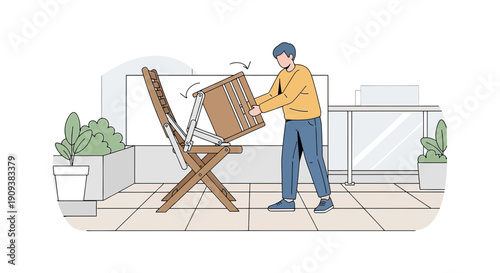 Man putting away outdoor chair on balcony, preparing for bad weather