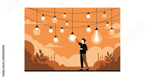 Man Reaching for Light Bulb String Lights in Outdoor Garden Setting
