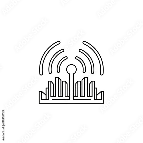 A black and white cityscape with signal waves emanating above