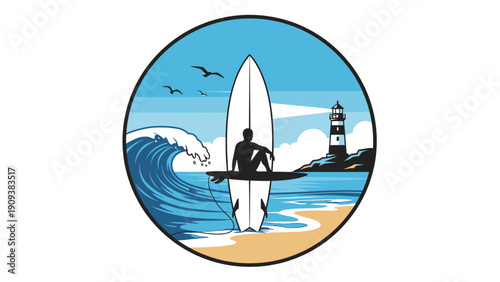 A circular illustration of a surfer with board, waves, beach, lighthouse, and seagulls
