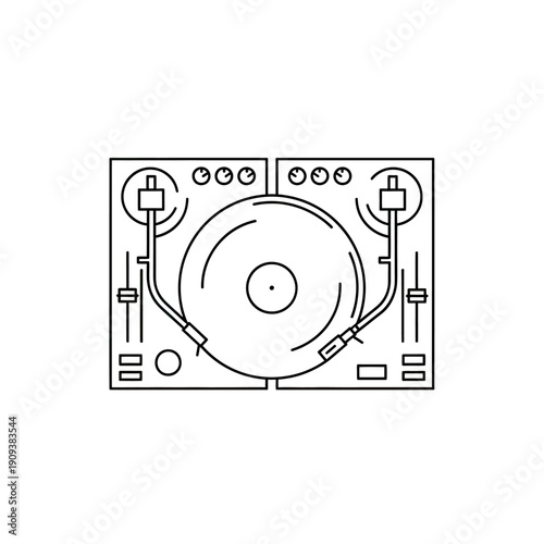 Minimalist line art DJ setup with two turntables, knobs, and faders