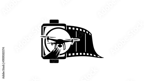 A stylized black and white logo with a drone, film strip, and camera shape