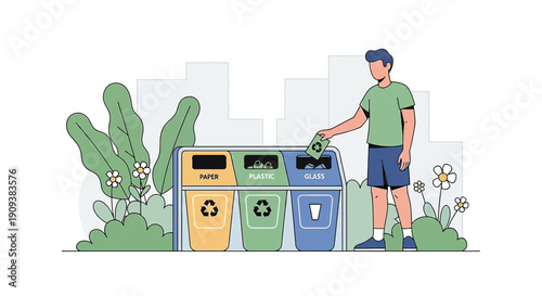 Man Recycling Waste in Outdoor Bins - Environmentally Conscious Living