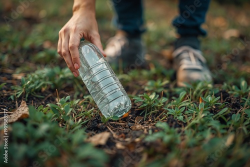 Close up of person hand cleaning nature from plastic waste.