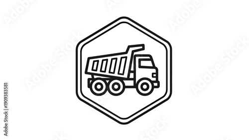 Black and white illustration of a dump truck inside a hexagon, clean lines