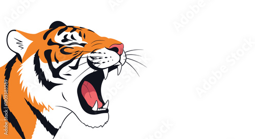 Detailed illustration of a majestic tiger head with its mouth wide open in a powerful roar against a clean white background.