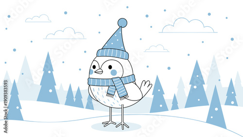 Cute little cartoon bird wearing a cozy blue winter hat and matching scarf standing in a snowy pine forest landscape.