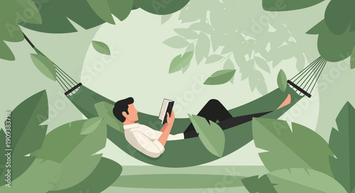 Man Relaxing in Hammock Reading Book Surrounded by Lush Green Foliage