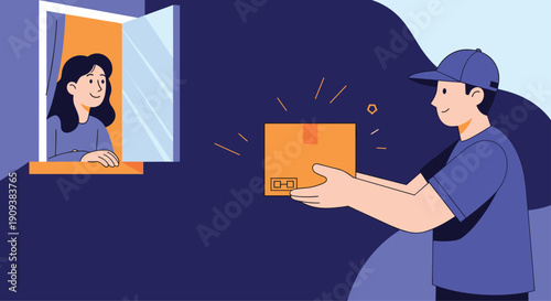 Friendly delivery man in a blue uniform and cap handing over a cardboard box package to a woman at an open window.