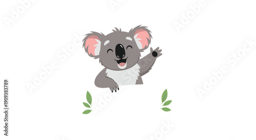 Friendly gray koala peeking over the top of a white sign and waving with one hand while surrounded by green leafy accents.