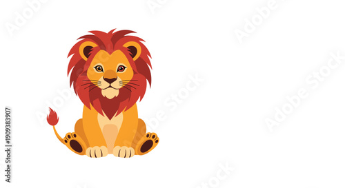 Adorable baby lion cub with a large red mane sitting peacefully on a white background with a friendly and calm expression.