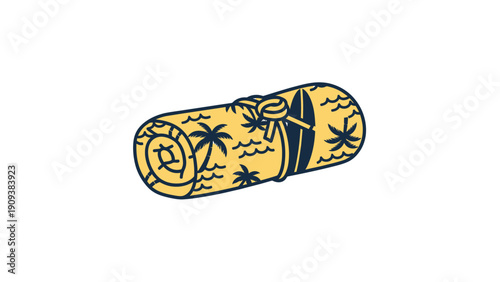 A rolled-up beach towel with a surfboard and palm tree illustrations