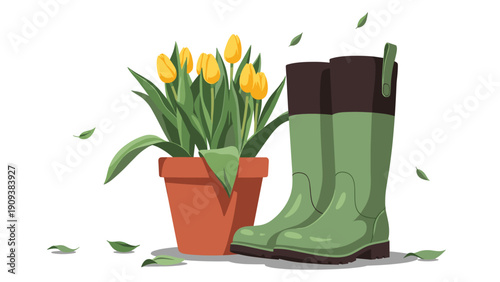 Pair of green rubber garden boots standing next to a terracotta pot of yellow tulips with leaves blowing in the wind.