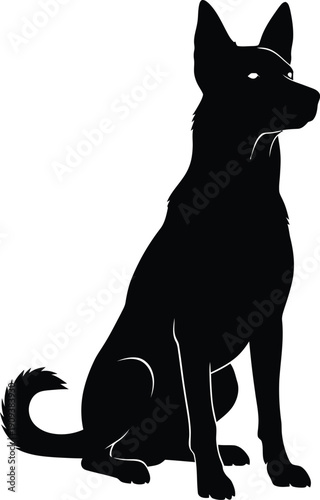 Black dog silhouette sitting calmly with pointed ears and a curled tail viewed from the side in a simple vector illustration