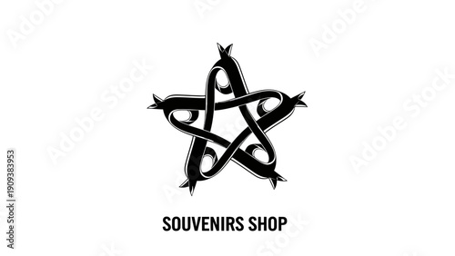 A black and white emblem, possibly a logo, with ribbon-like lines forming a star