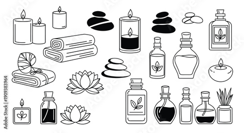 Extensive collection of spa and wellness icons including scented candles, rolled towels, smooth massage stones, and oils.