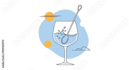 Glass of clear water with a long silver spoon stirring it against a light blue abstract background with yellow sun shapes.