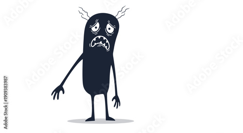 Dark monster character stands with a worried expression and steam coming out of its head on a white background.