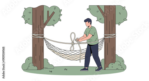 Man Setting Up Hammock Between Two Trees in Forest