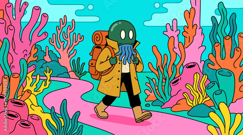 Colorful cartoon underwater explorer in an orange parka navigating a vibrant coral reef scene