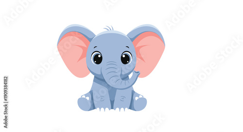 Sweet baby elephant character with large pink ears and big round eyes sitting happily on a plain white background.