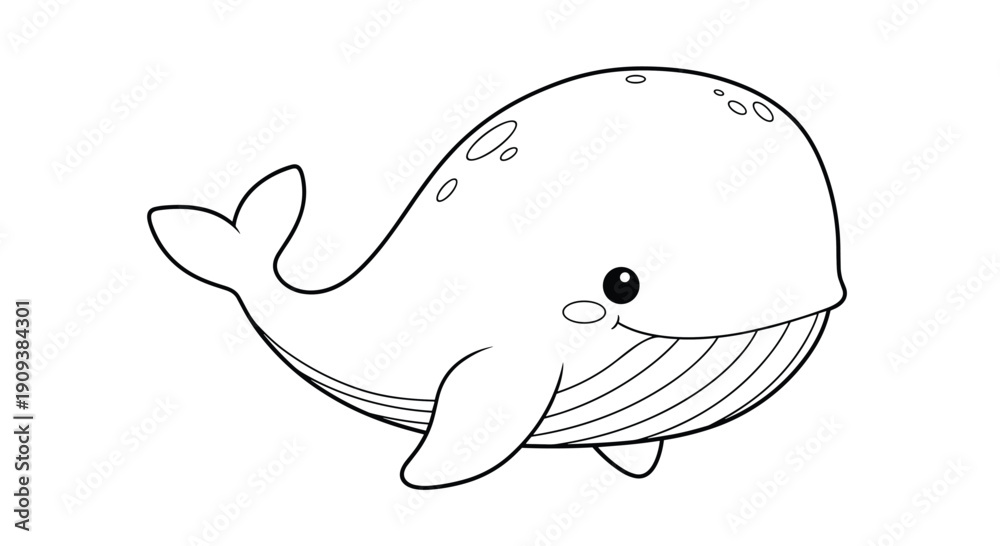 Obraz premium Simple black and white line art illustration of a happy baby whale for children to color on a white background.