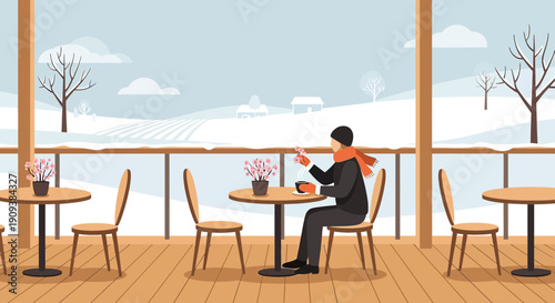 Man sitting at cafe table with phone, enjoying winter landscape view