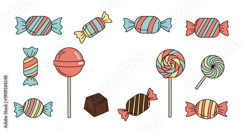Large collection of various colorful wrapped candies, lollipops, and a piece of chocolate on a white background.