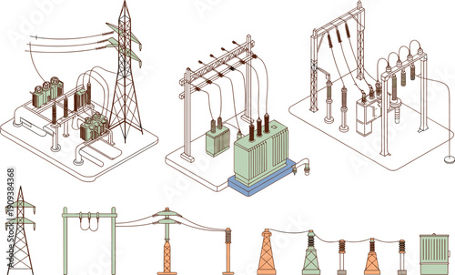 Electrical high voltage substation illustration, transformer transmission system diagram, power grid infrastructure, engineering technical energy distribution drawing