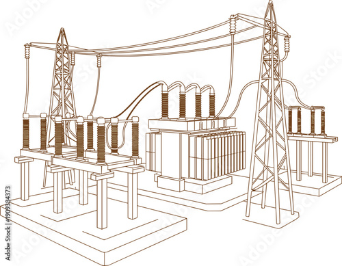 Electrical high voltage substation illustration, transformer transmission system diagram, power grid infrastructure, engineering technical energy distribution drawing