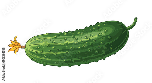 Realistic vector illustration of a whole fresh green pickling cucumber with characteristic bumpy skin and a small yellow blossom at one end.