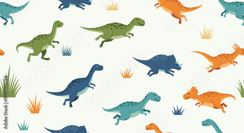 Playful seamless pattern of various cartoon dinosaurs like triceratops and brontosaurus running across a pale cream background.